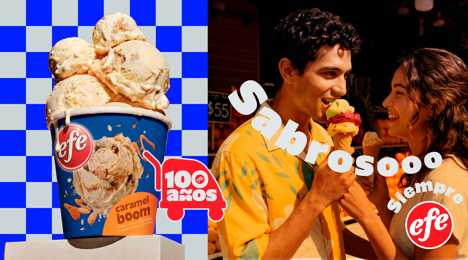 Un helado Golazoo! de Helados EFE con chocolate y lluvia, sobre un fondo que evoca celebración y los colores de Venezuela.