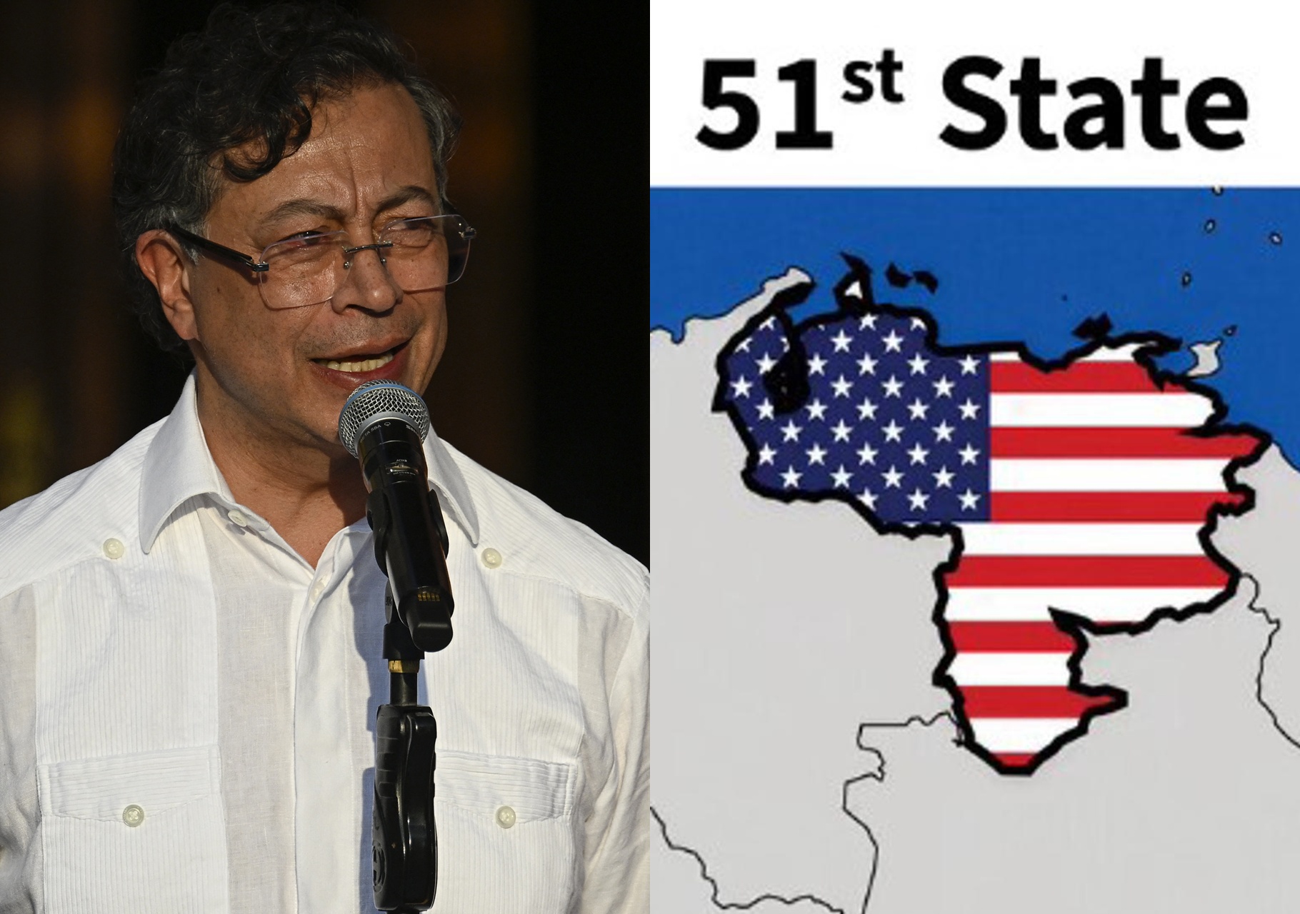 El presidente de Colombia, Gustavo Petro, en un podio con un mapa de Venezuela superpuesto con la bandera estadounidense en el fondo.