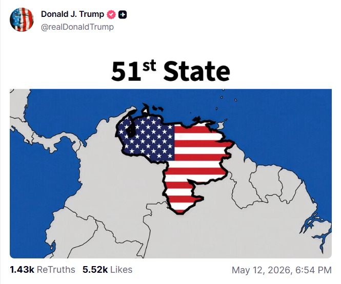 Trump publica imagen de Venezuela como el «estado 51» de EE. UU. excluyendo el Esequibo