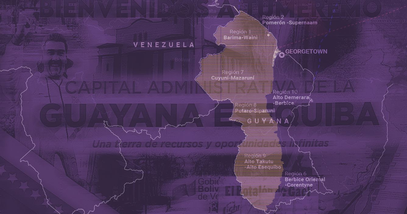 Fachada del Palacio de la Paz en La Haya, sede de la Corte Internacional de Justicia, con una bandera de Venezuela superpuesta digitalmente en el mapa del Esequibo.