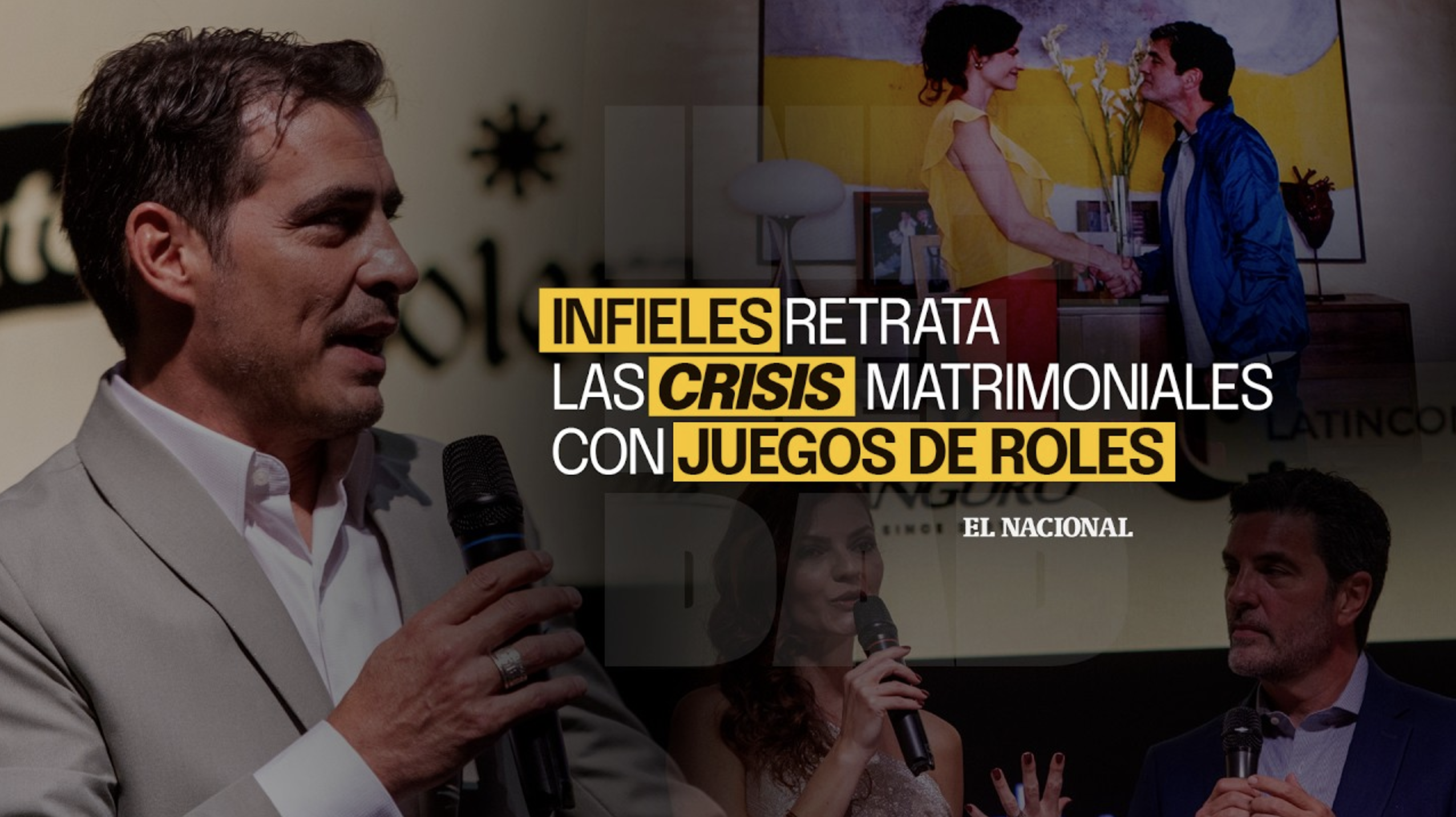 Actores venezolanos en una escena de la miniserie "Infieles", representando el drama de las crisis de pareja.