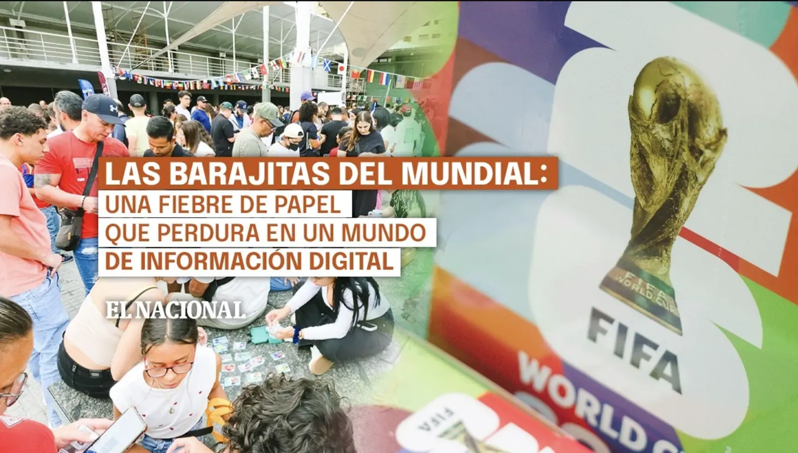 Un grupo de venezolanos reunidos en una plaza, mostrando y canjeando barajitas del Mundial de Fútbol, con un álbum abierto en primer plano.