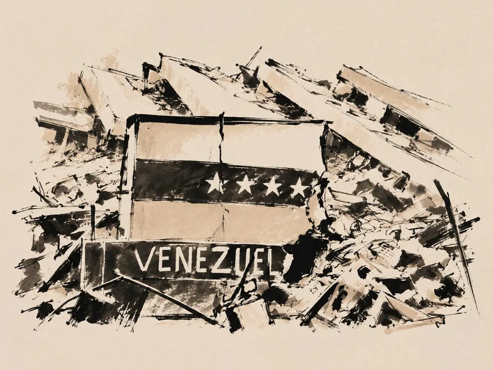 Vista aérea de edificios parcialmente colapsados y calles afectadas tras un terremoto en Venezuela.