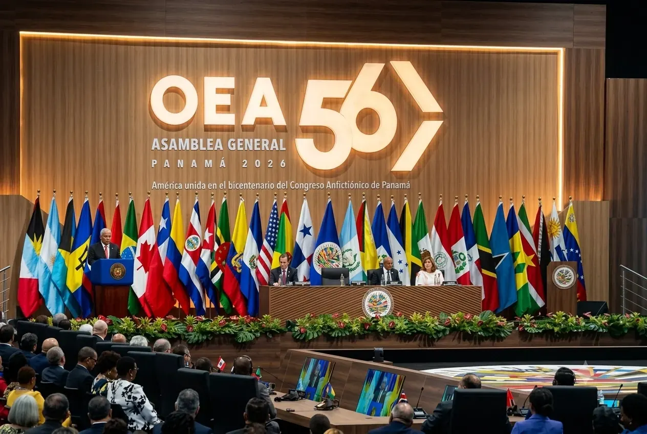 El presidente de Panamá, José Raúl Mulino, habla en un podio durante la 56ª Asamblea General de la OEA.