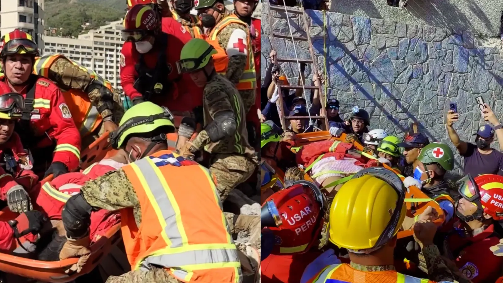 Equipo de rescate trabajando para extraer a una mujer de los escombros de un edificio.