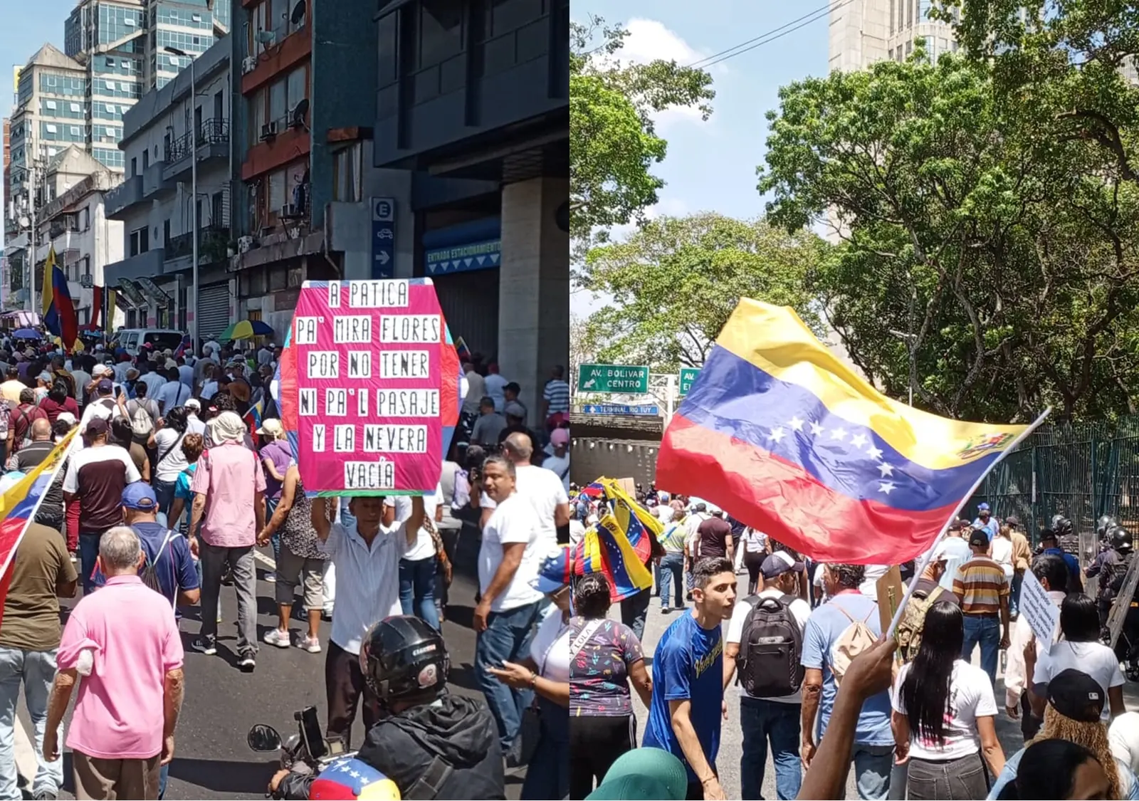 Grupo de trabajadores venezolanos manifestándose pacíficamente con pancartas, exigiendo mejores salarios y justicia.