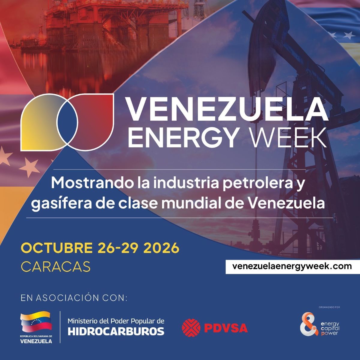 Representación de una cumbre internacional sobre inversión energética en Caracas, Venezuela.