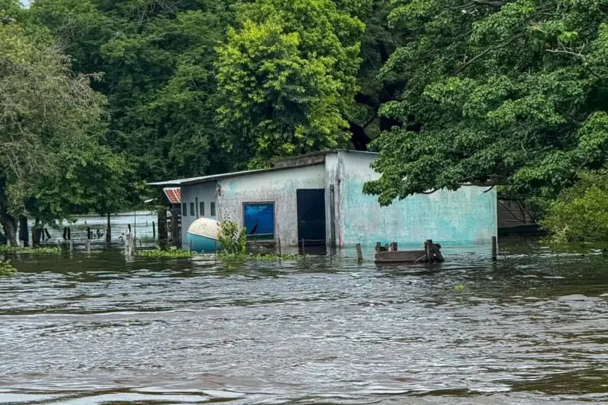 Vista de una calle inundada en el estado Apure, Venezuela, con el agua cubriendo el asfalto y rodeando viviendas, como consecuencia del desbordamiento del río Arauca.