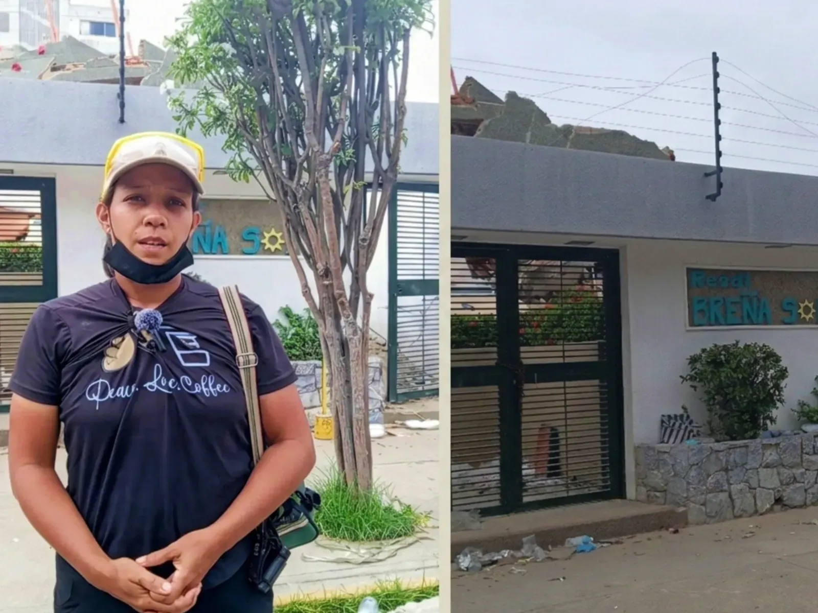 Vista general de las ruinas de Residencias Breña Sol, un edificio colapsado cubierto de polvo y escombros, con familiares esperando en las cercanías en Venezuela.