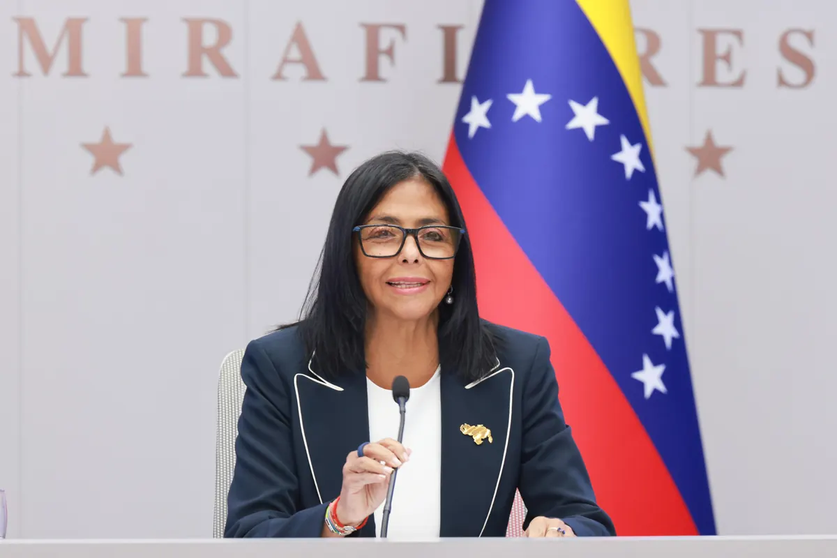 Delcy Rodríguez durante el anuncio del acuerdo petrolero entre Venezuela y Estados Unidos