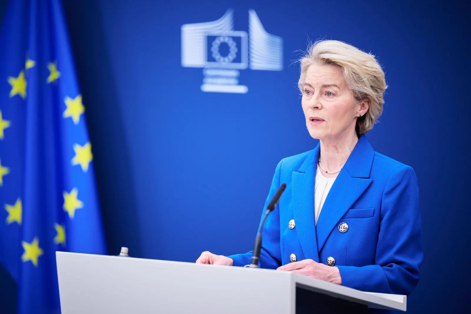 Ursula von der Leyen, presidenta de la Comisión Europea, durante declaraciones sobre el control de fronteras de la UE