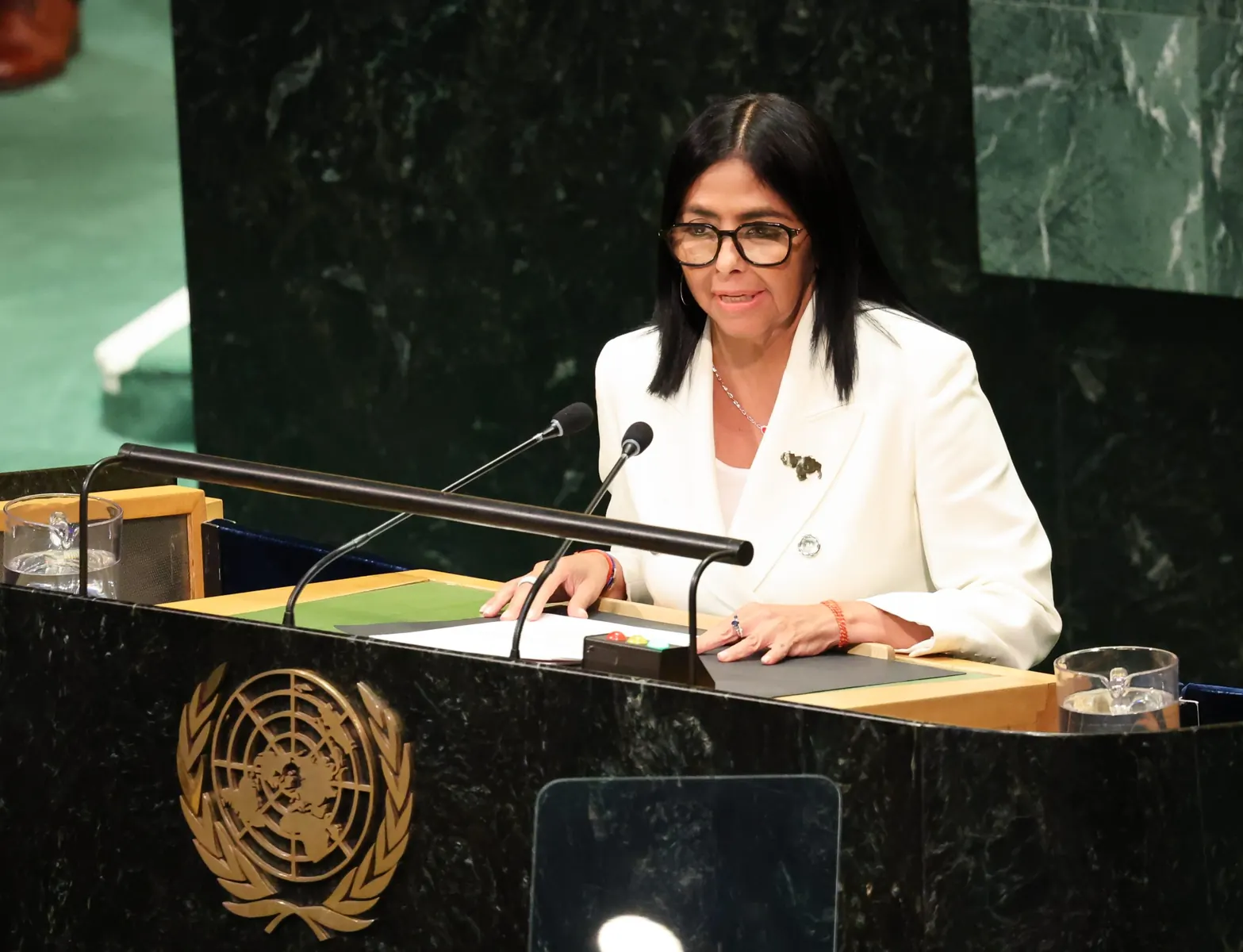 Delcy Rodríguez, mandataria encargada de Venezuela, durante su discurso en el 81 período de sesiones de la Asamblea General de la ONU en Nueva York.