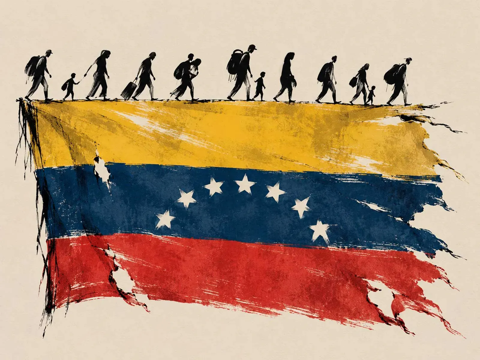 Representación del éxodo venezolano con siluetas de familias separadas y un mapa del país