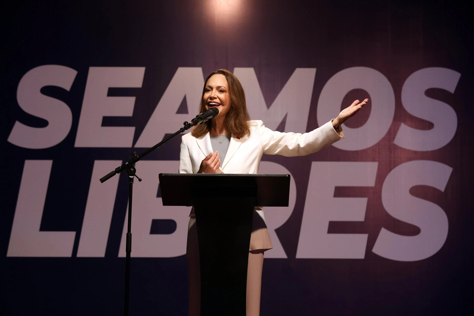 María Corina Machado durante su primera rueda de prensa tras regresar a Venezuela, en la Universidad Católica Andrés Bello de Caracas